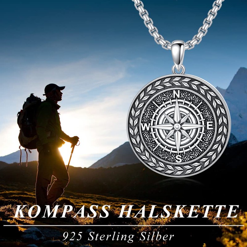 Shusukue Compass Chain 925 Sterling Silver Compass Pendant Necklace Oxidised