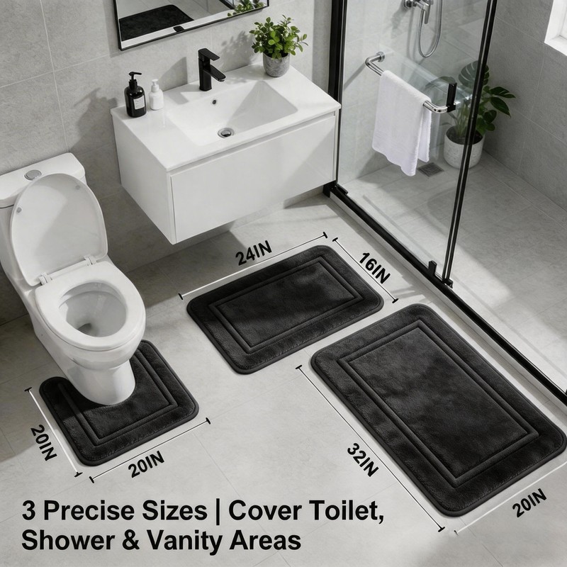 Bathroom Rugs Set 3 Piece Memory Foam Bath Mats Non-Slip