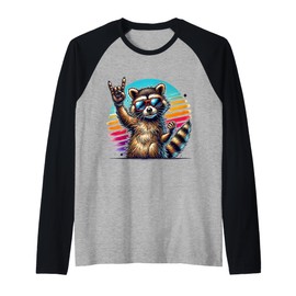 Raccoon Sunglasses Rock'n'Roll Retro Cool Animal Style Raglan Baseball Tee