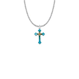 True Faith Jewelry 7/8 Inch Sterling Silver Crucifix Cross Pendant Necklace for Women and Men, Religious Gift, Budded Ends, Turquoise Enameled Rose, 18-inch Chain