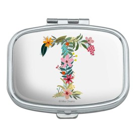 Letter T Floral Monogram Initial Rectangle Pill Case Trinket Gift Box