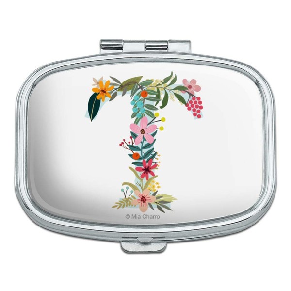 Letter T Floral Monogram Initial Rectangle Pill Case Trinket Gift