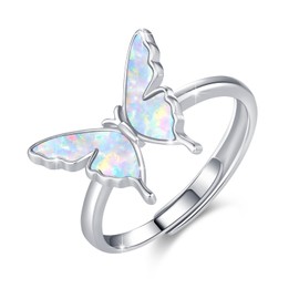 CRWENG Butterfly Ring for Women 925 Sterling Silver Butterfly with Opal/Turquoise Ring Exquisite and Cute Butterfly Jewellery for Sisters Good Friends Girlfriend (White Opal)