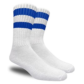 Running Mate Men's Stripe Crew Socks - 3 Pairs (White w/Blue Stripes)