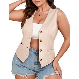ShopWonder Womens Plus Size Button Vintage Vests Jacket V-Neck Faux Suede Cardigan Outerwear with Pockets,2XL,Apricot