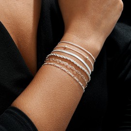 Kyerlyn Silver Bracelets for Women, Silver Bracelet Stack Trendy Waterproof Adjustable Layered Link Bracelet Set Minimalist Jewelry