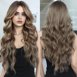 PARK YUN Long Wavy Light Brown Wigs With Bangs 26 Inch Ombre Dirty Blonde Curtain Bangs Synthetic Heat Resistant Wig With Dark Roots Natural Dark Blonde Brown Brunette Wigs For Women