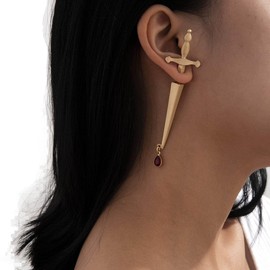 Clataly Gothic Earrings Long Sword Red Water Drop Earrings Cross Dagger Screw Back Earring Clip Youth Earrings (Single Earrings) (Gold)