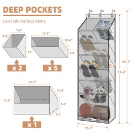 STORAGE MANIAC Over the Door Shoe Organizer with Curtain Dustproof Heavy-Duty Large Deep Pocket Hanging Shoe Organizer for Closet Dorm & Narrow Door Storage Shoe Holder Shoe Rack, 7-Shelf Black 1 Pack