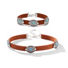 Xeyau Western Choker Necklaces Bracelet Set for Women Country Concert Outfits Bohemian Vintage Turquoise Necklace Cowgirl Cowboy Country Bracelets Boho Choker Necklace Accessories (Brown-Green)