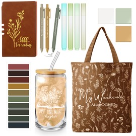 Havawish Book Lovers Gifts Aesthetic 16 oz Glass Cup Canvas Bag A6 Journal Teacher Notebook Ballpoint Pens Sticky Notes Highlighters Library Lovers Month for Librarians Students(Brown)