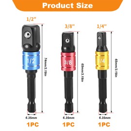 Impact Socket Adapter 3-Piece Set 1/"4 3/8" 1/2" Hex Shank Drivers Chrome Vanadium Steel Rust-Resistant Impact Wrench Adapter for DIY Automotive Drill Impact Driver