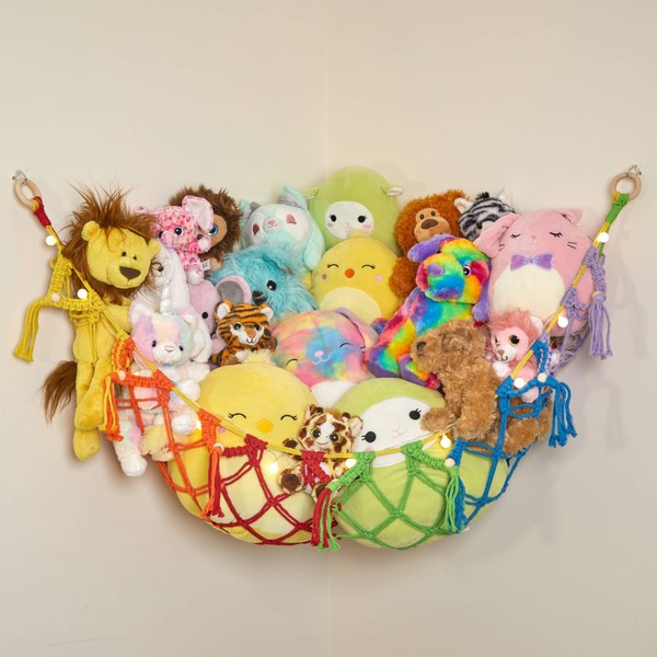 Stuffed Animal Storage Macrame Hammock w/String Lights, Large - Boho