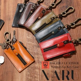 Naru Genuine Tochigi Leather, Center Zip, Key Case, Men's, Women's, 4 Rungs, Coin Purse, Carabiner, Stylish, Popular, Brand, Made in Japan, green