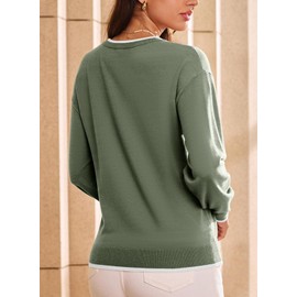Dokotoo Women's Sweaters Crewneck Cuffed Long Sleeve Chest Pocket Loose Fit Color Block Knit Jumper Tops Casual Fall Sweaters Green Large