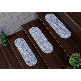 Super Area Rugs Farmhouse Braided Rug Cotton Kitchen Reversible Carpet Blue & White, 8" X 28" - Single Stair Tread