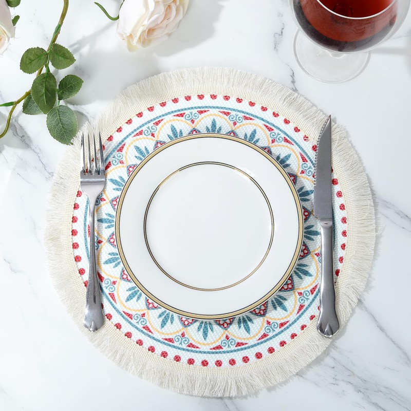 fanquare Set of 6 Boho Placemats, Round Cotton Woven prints