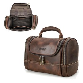 Contacts Crazy Horse Leather Toiletry Bag for Men Women Travel Bathroom Shaving Dopp Kit Toiletries Organizer Vintage Brown Cosmetic Bag Handbag, Dark Coffee