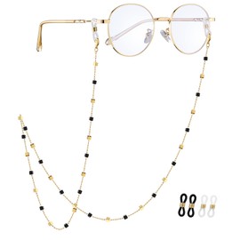 JURYLOO Eyeglasses Chain for Women & Girls, Beaded Sunglass Neck Chain Glasses Strap Eyewear String Holder Lanyard-EC-Black-gold-beads