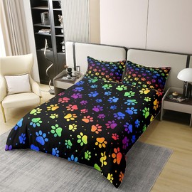 Castle Fairy 100% Natural Cotton Dog Paw Print Duvet Cover Set Rainbow Gradient Puppy Paw for Dog Lover Comforter Cover Set Twin Size with 1 Pillowcase Funny Pets Animal Bedding Comforter Cover