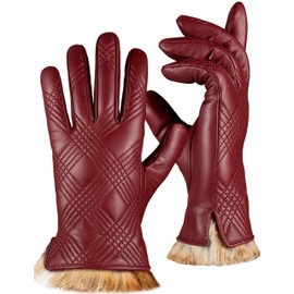 OCXMME Winter Gorgeous Leather Gloves for Women Warm Cashmere Lined Rabbit Fur Cuffs Touchscreen Texting Driving Gloves Dark Red XX-Large