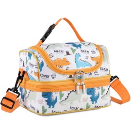 VASCHY Lunch Box Bag Kids, Insulated Two Compartments Cooler Bags for Boys Girls w Shoulder Strap for School,Daycare,Kindergarten,Picnic Dinosaurs Yellow