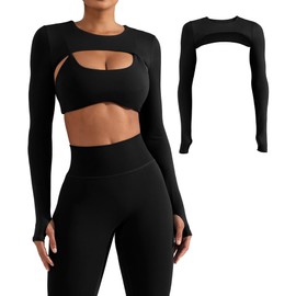YEOREO Women Crop Top Long Sleeve Bolero Open Front Workout Cropped Shirts Sports Shrug, Black, Small