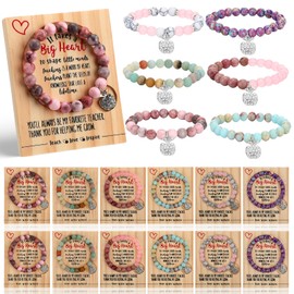 Huquary 12 Pcs Back to School Teacher Bracelet Gift Women Wooden Tray Sets Bulk Thank You for Teachers Natural Stone Bracelet Women Men Mentor for Mentor Beginning First of School Gift
