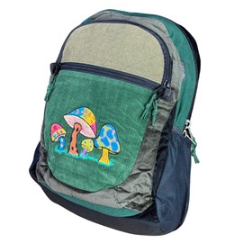 Ixchel Medium Patchwork Corduroy Sport Backpack w Mushroom Embroidery & Hidden Pocket – Handmade Backpack Festival Bag