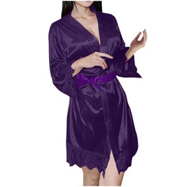 Women's Lace Trim Silk Robes Bride Bridesmaid Kimono Satin Bathrobe Sexy V Neck 3/4 Sleeve Sleepwear with Belt