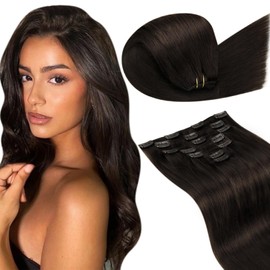 LaaVoo Clip-In Real Hair Extensions, Brown, Human Hair Extensions, Dark Brown Extensions with Clips, Straight, Full Head, 40 cm, 120 g, 7 Pieces