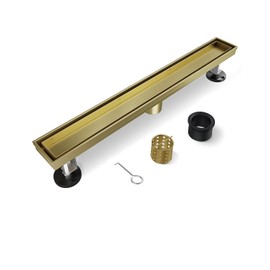 HTOH Gold Shower Drain, 24 Inch Linear Shower Drain with Removable Tile Insert Grate, 2 in 1 Bathroom Modern 304 Stainless Steel Brushed Gold Shower Floor Drain with Adjustable Feet,Hair Strainer