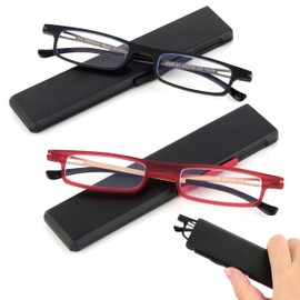 touk Foldable Reading Glasses Anti Blue Light UV, Ultra Thin Slim TR90 Readers with Portable Compact Case for Men Women 2 PCS Red/Black +2.0