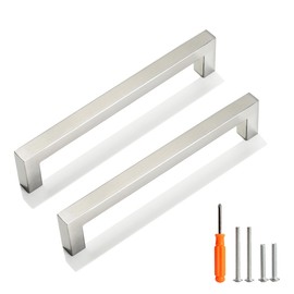 Redunest Cabinet Pulls Brushed Nickel Cabinet Handles Square Drawer Pulls, 5 Pack 6-1/4 Inch Stainless Steel Kitchen Door Cupboard Cabinet Handles, Cabinet Hardware Drawer Handles, 160mm Hole Centers