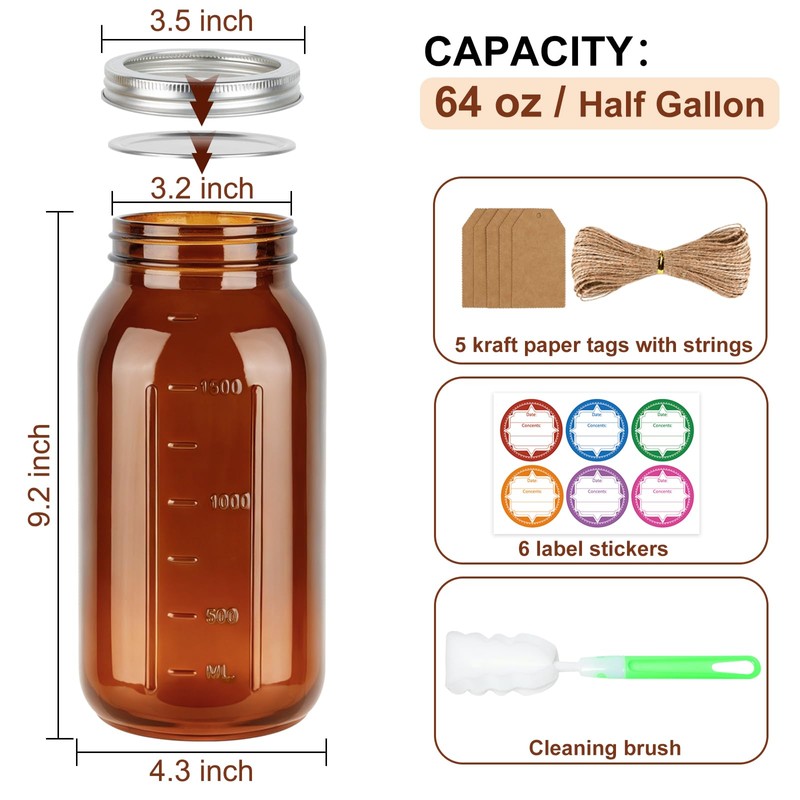 CARBLIN Half Gallon Amber Mason Jars, 3Pcs 64oz Canning Container