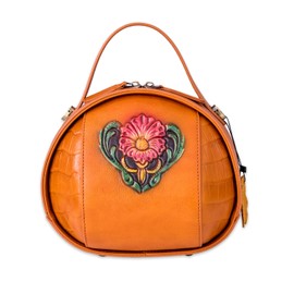 Genuine Leather Vintage Bag for Women - Cowhide Leather Crossbody Purse - Flower Embossed Handbag (orange)