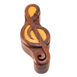 Treble Clef Handmade Carved Wood Intarsia Puzzle Box