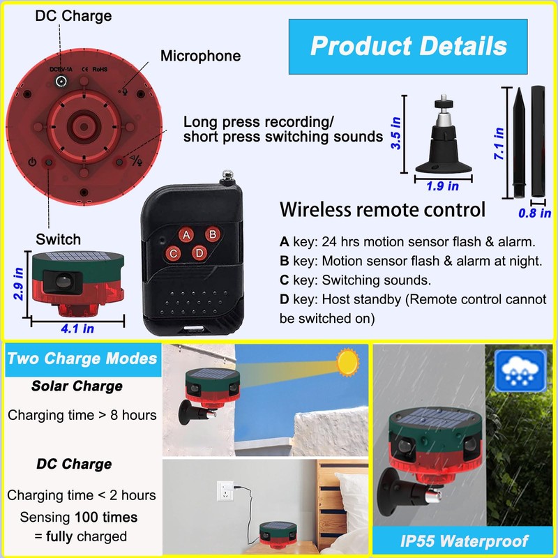 Solar Outdoor Motion Sensor Alarm, 13 Sounds & 360° Motion