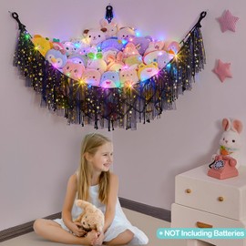 MHJY Toy Hammock Stuffed Animals Storage Net Soft Cuddly Toys Large Corner Hanging Net With LED Light Hand Woven Plush Macrame Organizer with Tassel for Kids Bedroom Nursery