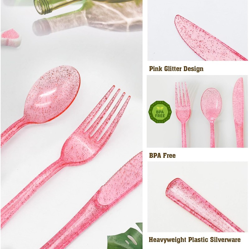100 Pcs Pink Plastic Forks, Pink Plastic Silverware, Heavy Duty