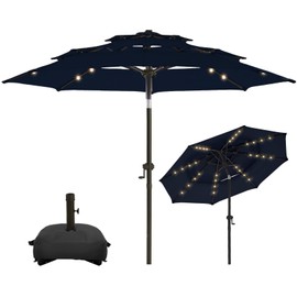 wikiwiki 10FT 3Tiers Solar LED Patio Umbrella with Base, Sturdy Outdoor Market Umbrella with Tilt, Crank and 32 LEDs for Terraces, Pool and Garden, Navy Blue