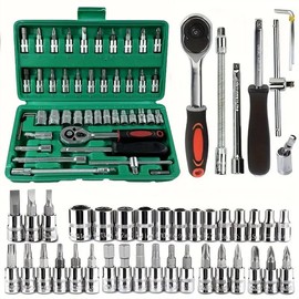 46 Pieces 1/4 inch Drive Socket Ratchet Wrench Set, with Bit Socket Set Metric and Extension Bar for Auto Repairing and Household with Storage Case:_46pc Green Ratchet Wrench Set