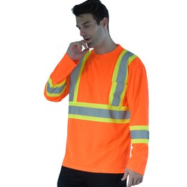 sesafety High Visibility Shirts for Men Class 3 Hi Vis Reflective Construction Shirts for Men with Pocket Orange Short Long Sleeve Work Shirts for Men 2XL