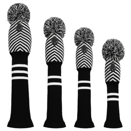 Black Diagonal Stripes Knit Woods Golf Head Covers, Set of 4, Fit for Driver Wood, Fairway Wood*2, Utilities, with Rotating Digital Labels