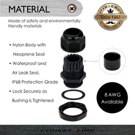 Conextlink 5pcs Waterproof IP68 Nylon Firewall Bushing Grommet Cable Gland Joint Adjustable Locknut Protectors for Power Cable Black 8 Gauge