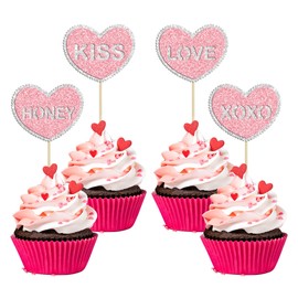 24 piezas de decoración para magdalenas de corazón para el día de San Valentín, con purpurina rosa, doble capa, dulce amor, San Valentín, cupcakes, alimentos, tema del día de San Valentín, boda, despedida de soltera, fiesta de cumpleaños, suministros de 