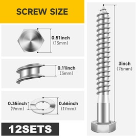 (12Sets) 5/16" x 3" Hex Head Lag Bolts, Heavy Duty Lag Screws with Washers, 304 Stainless Steel Bolts 18-8, Lag Screws Wood Screws, Partial Thread Bright Finish, 5/16 Bolt by Mywish