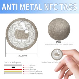 50pcs Anti-Metal NFC Sticker Tags Ntag213 on-Metal NFC Tags Adhesive Labels with Rewritable 144 Bytes Memory, Work with All NFC-Enabled Cell Phones &Devices (50)