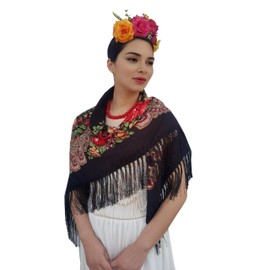 FANFAN Mexican 3-Piece Set: Rose Floral Crown, Tassel Shawl & Adjustable Red Beaded Necklace for Women - Traditional Boho Festival | Day of Dead Accessories D6 (Tassel Style, One Size)