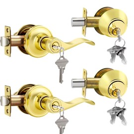 NIZADO 2 Pack Door Lock Sets with Deadbolt Keyed Alike, Double Cylinder Deadbolts, Polished Brass Exterior Door Handle with Lock, Reversible Leverset